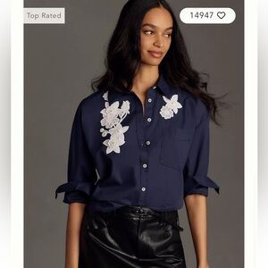 Anthropologie Navy Blue Button Down Shirt with White Floral Embroidery